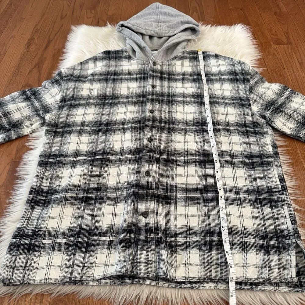 Urban Outfitters Mens Large Hooded Plaid Flannel Outdoor Black White Preppy Fall